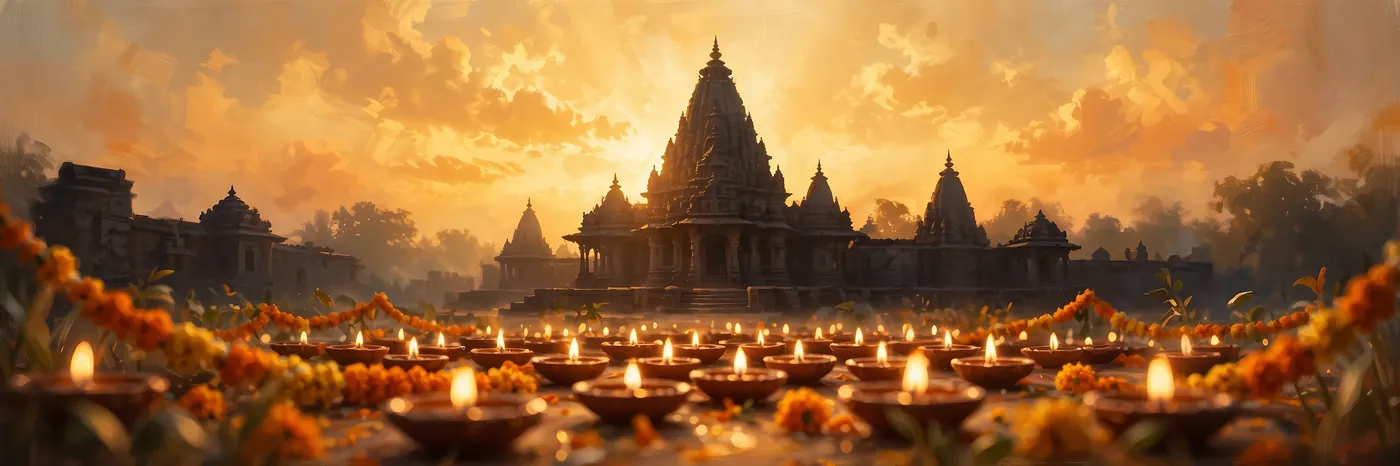 Hanuman Chalisa - ancient temple at sunrise with rows of lit diyas